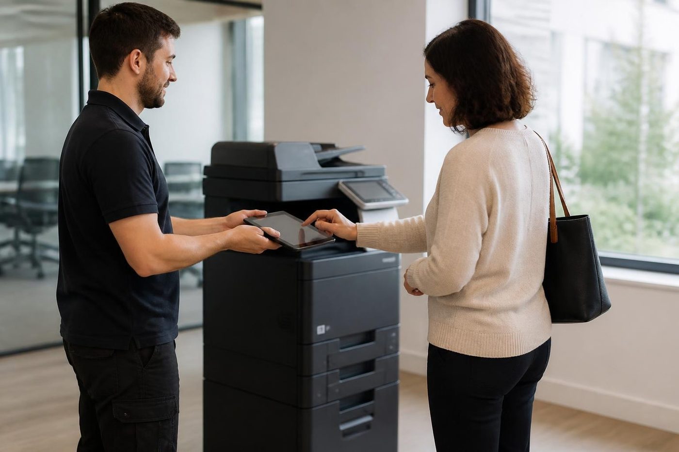 A technician handing a repaired copier back to an office manager in Maroochydore