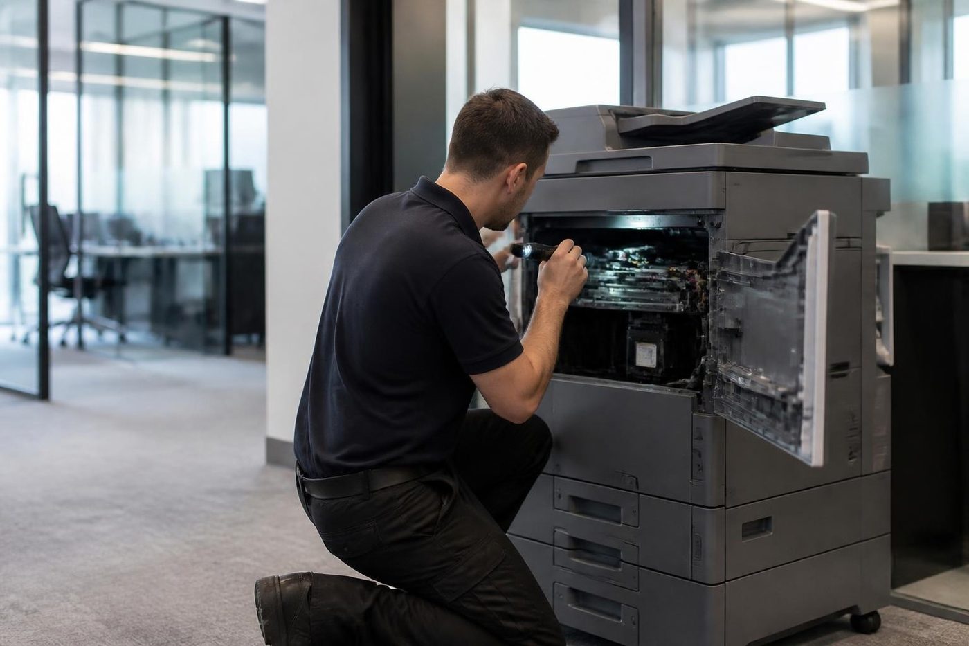 A technician working inside a copier with the side panel open in a Maroochydore office