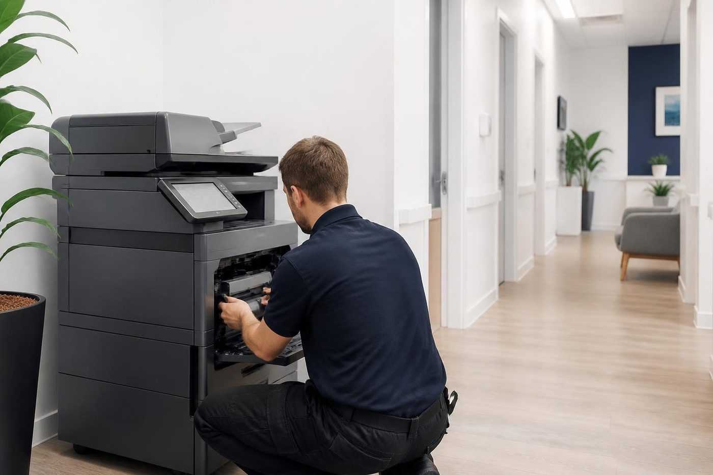 A technician servicing a copier in a medical practice corridor at Sippy Downs