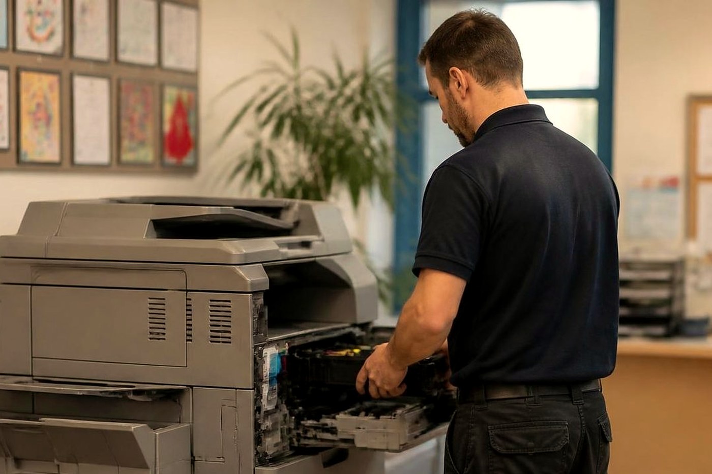 Technician working on a copier in a school administration office