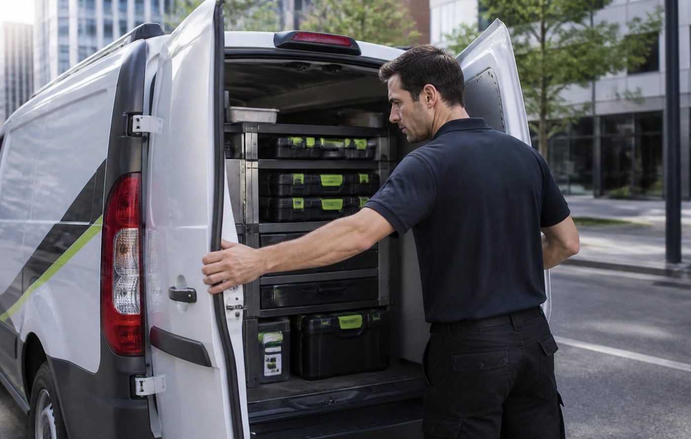 A Laser Printers technician at the open side doors of the van with latched cases behind
