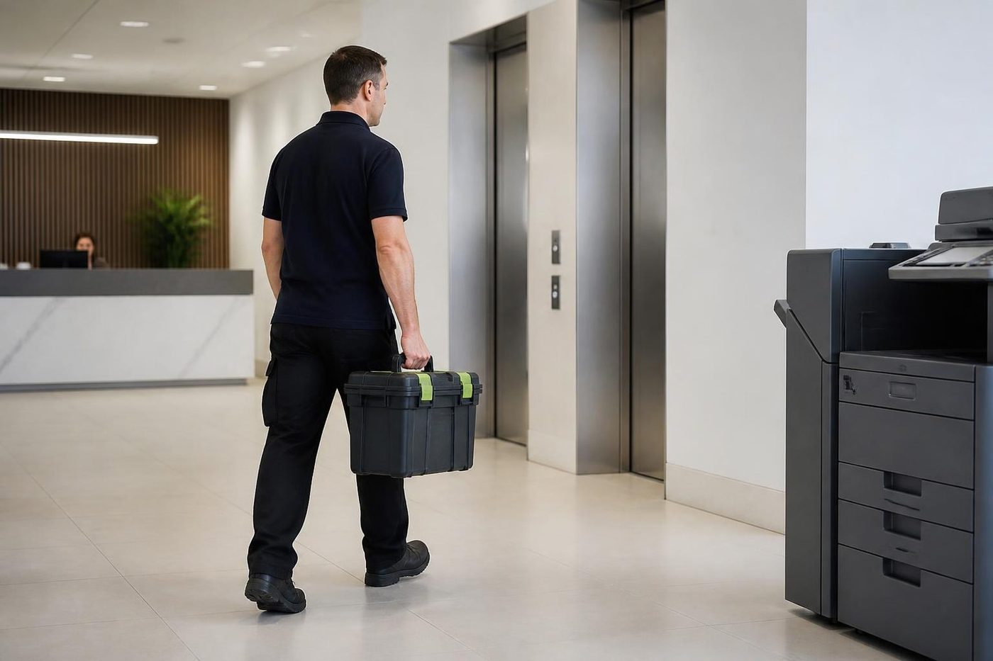 A technician carrying a parts case across the foyer of an office block at Mooloolaba
