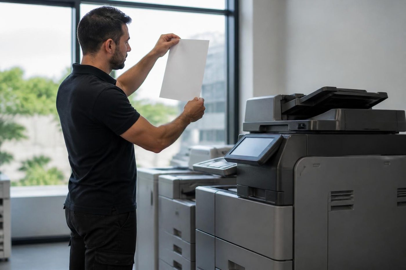 A technician looking at a test print beside a floor standing copier on the Sunshine Coast